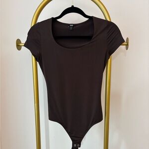 Express Chocolate Brown Scoop Neck Short Sleeve Bodysuit